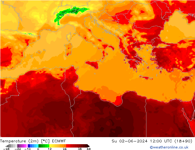 Sıcaklık Haritası (2m) ECMWF Paz 02.06.2024 12 UTC