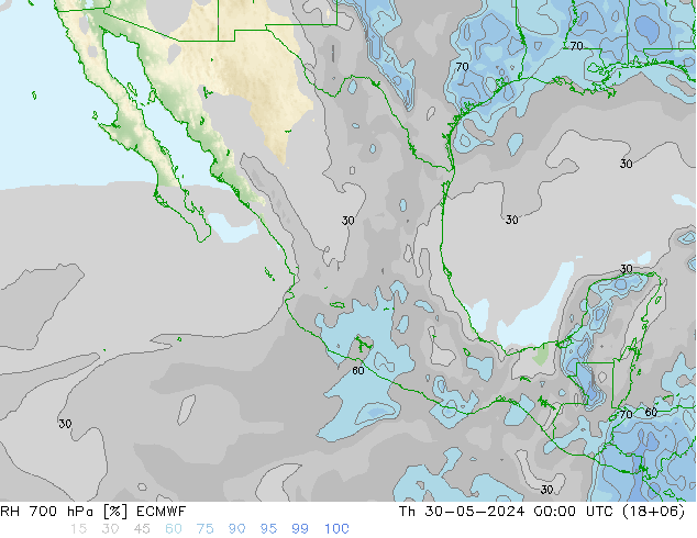 RH 700 hPa ECMWF gio 30.05.2024 00 UTC