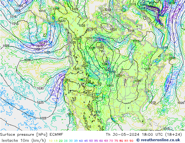 Isotachen (km/h) ECMWF Do 30.05.2024 18 UTC