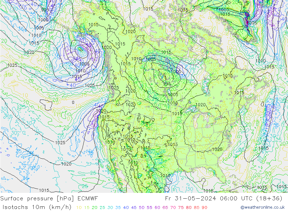 Isotachs (kph) ECMWF Fr 31.05.2024 06 UTC