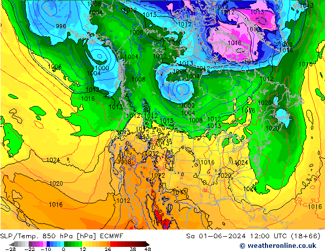 SLP/Temp. 850 гПа ECMWF сб 01.06.2024 12 UTC