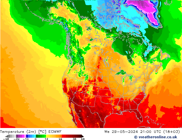 Temperaturkarte (2m) ECMWF Mi 29.05.2024 21 UTC