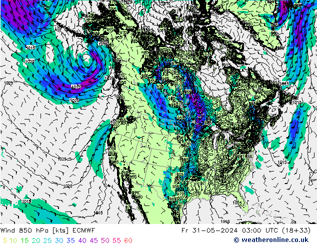 Vento 850 hPa ECMWF ven 31.05.2024 03 UTC