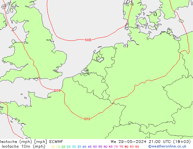 Isotachen (mph) ECMWF Mi 29.05.2024 21 UTC