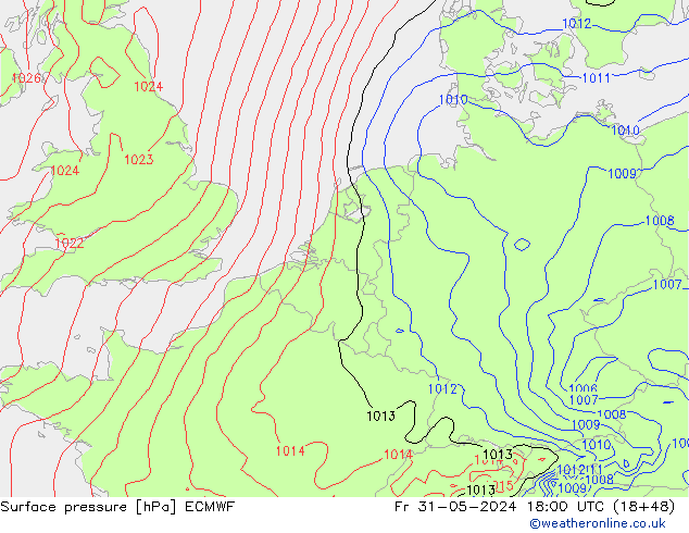 Luchtdruk (Grond) ECMWF vr 31.05.2024 18 UTC