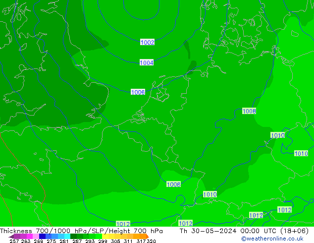 Schichtdicke 700-1000 hPa ECMWF Do 30.05.2024 00 UTC