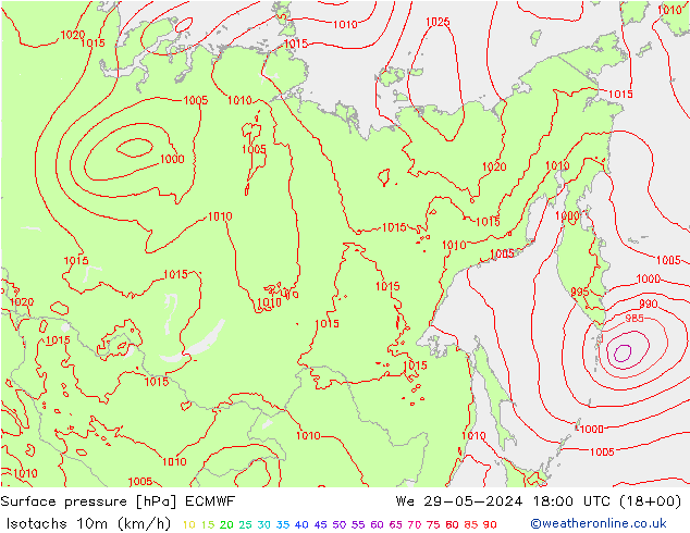 Isotaca (kph) ECMWF mié 29.05.2024 18 UTC