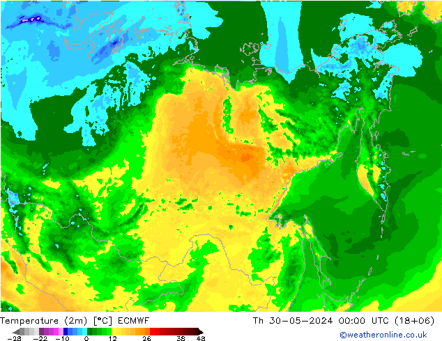 Temperatura (2m) ECMWF Qui 30.05.2024 00 UTC