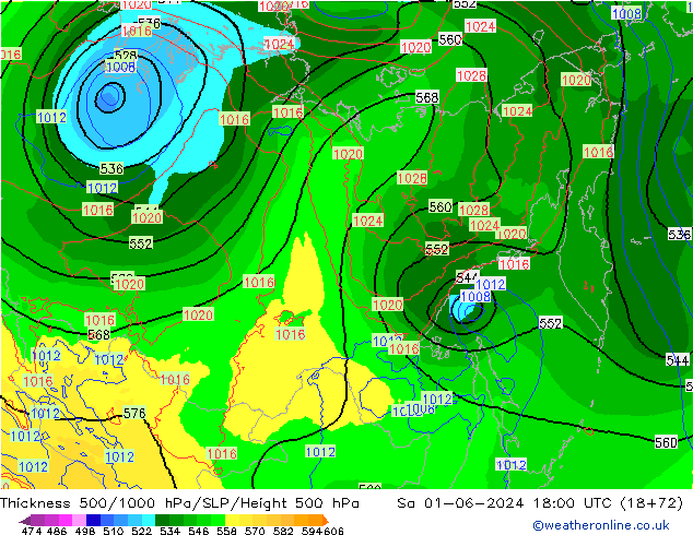 Thck 500-1000hPa ECMWF so. 01.06.2024 18 UTC