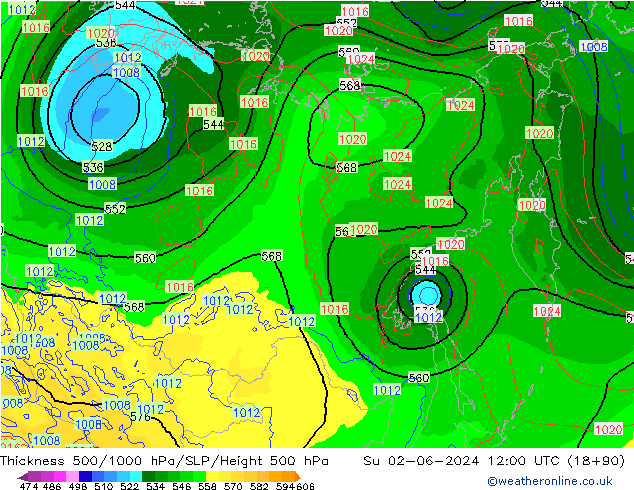 500-1000 hPa Kalınlığı ECMWF Paz 02.06.2024 12 UTC