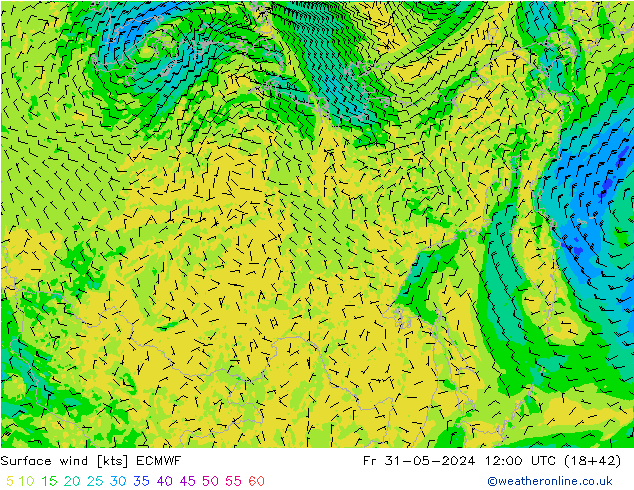 Surface wind ECMWF Pá 31.05.2024 12 UTC