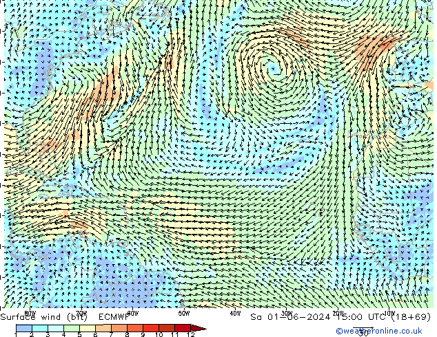 Wind 10 m (bft) ECMWF za 01.06.2024 15 UTC