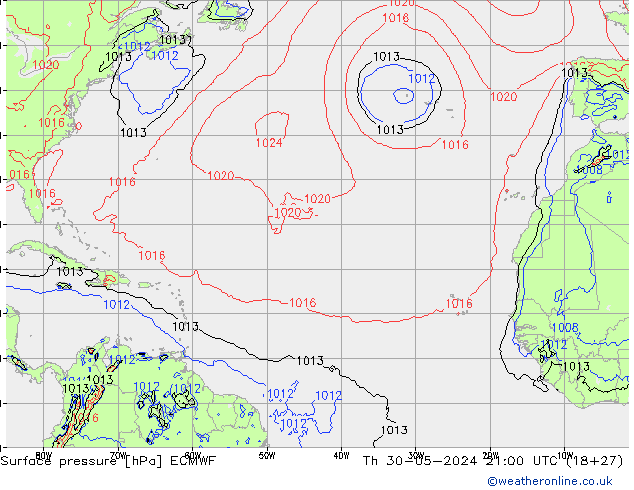 Presión superficial ECMWF jue 30.05.2024 21 UTC