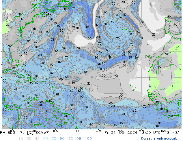 RH 850 hPa ECMWF Sex 31.05.2024 18 UTC