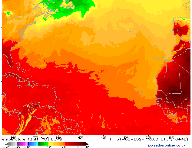 Temperatura (2m) ECMWF Sex 31.05.2024 18 UTC
