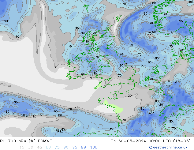 Humedad rel. 700hPa ECMWF jue 30.05.2024 00 UTC