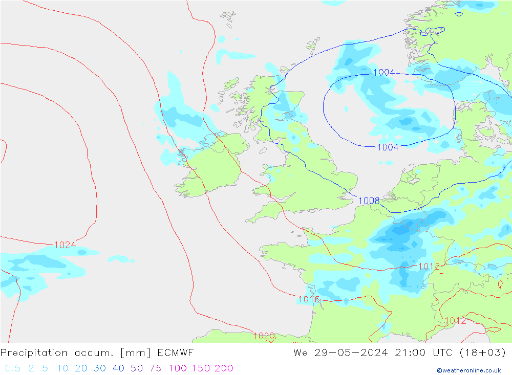 Precipitation accum. ECMWF We 29.05.2024 21 UTC