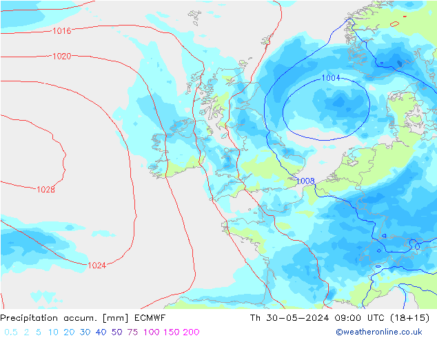 Precipitation accum. ECMWF czw. 30.05.2024 09 UTC