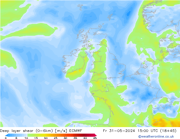 Deep layer shear (0-6km) ECMWF  31.05.2024 15 UTC