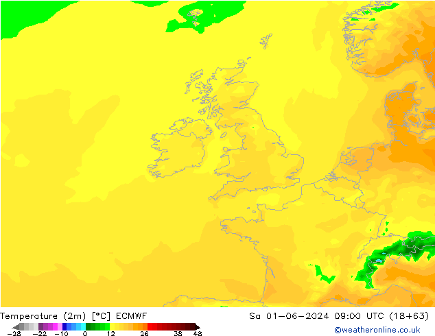 Temperature (2m) ECMWF Sa 01.06.2024 09 UTC