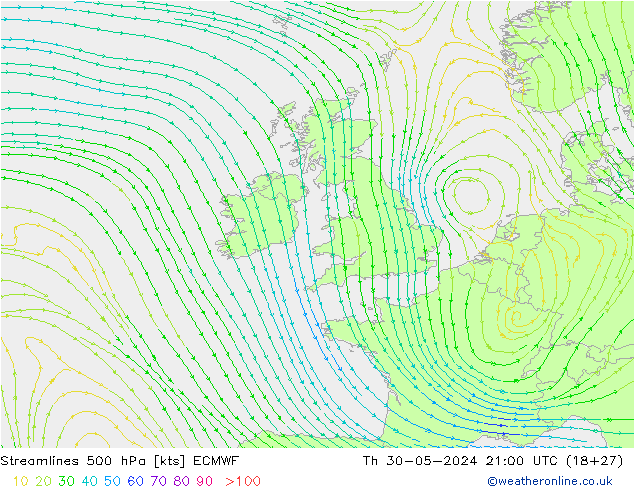 ветер 500 гПа ECMWF чт 30.05.2024 21 UTC