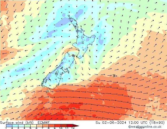 Vent 10 m (bft) ECMWF dim 02.06.2024 12 UTC