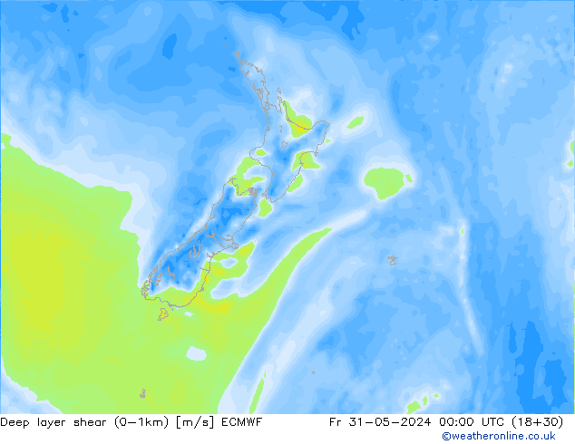 Deep layer shear (0-1km) ECMWF пт 31.05.2024 00 UTC