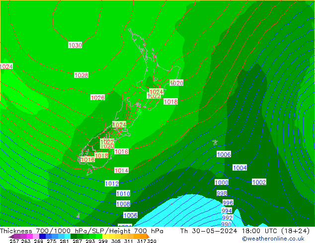 Espesor 700-1000 hPa ECMWF jue 30.05.2024 18 UTC