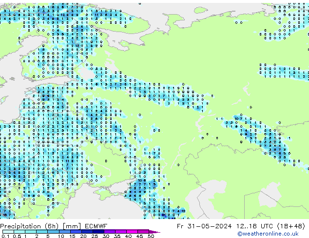 Precipitation (6h) ECMWF Pá 31.05.2024 18 UTC