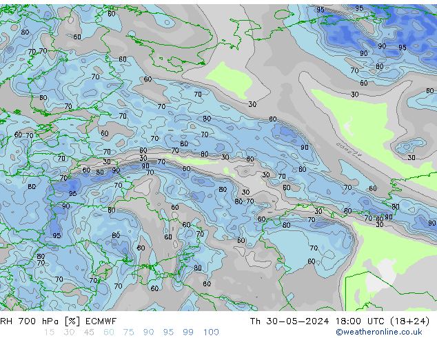 Humedad rel. 700hPa ECMWF jue 30.05.2024 18 UTC