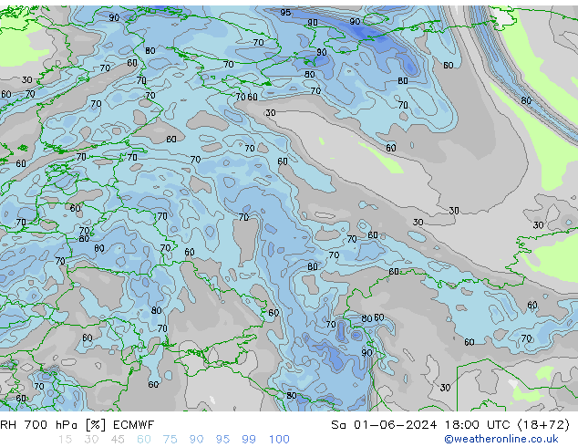 RH 700 hPa ECMWF Sa 01.06.2024 18 UTC