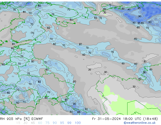 Humedad rel. 925hPa ECMWF vie 31.05.2024 18 UTC