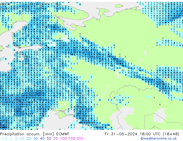 Precipitation accum. ECMWF Pá 31.05.2024 18 UTC