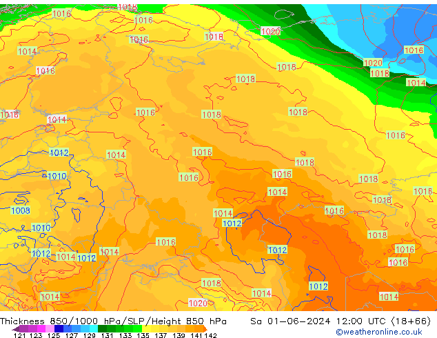 Thck 850-1000 гПа ECMWF сб 01.06.2024 12 UTC