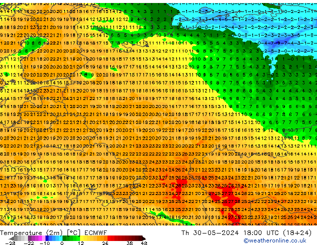 Temperatuurkaart (2m) ECMWF do 30.05.2024 18 UTC