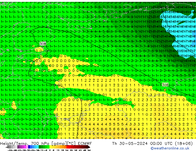 Height/Temp. 700 hPa ECMWF Qui 30.05.2024 00 UTC