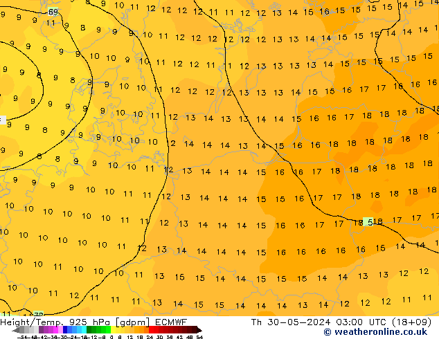 Hoogte/Temp. 925 hPa ECMWF do 30.05.2024 03 UTC