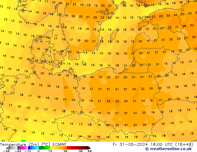 Temperature (2m) ECMWF Fr 31.05.2024 18 UTC