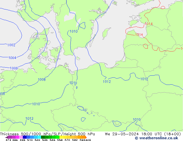 Dikte 500-1000hPa ECMWF wo 29.05.2024 18 UTC