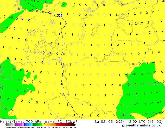 Height/Temp. 700 hPa ECMWF dom 02.06.2024 12 UTC