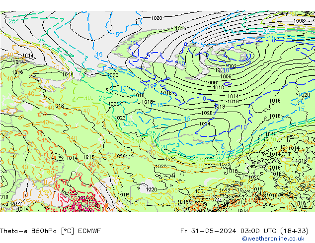 Theta-e 850hPa ECMWF Fr 31.05.2024 03 UTC