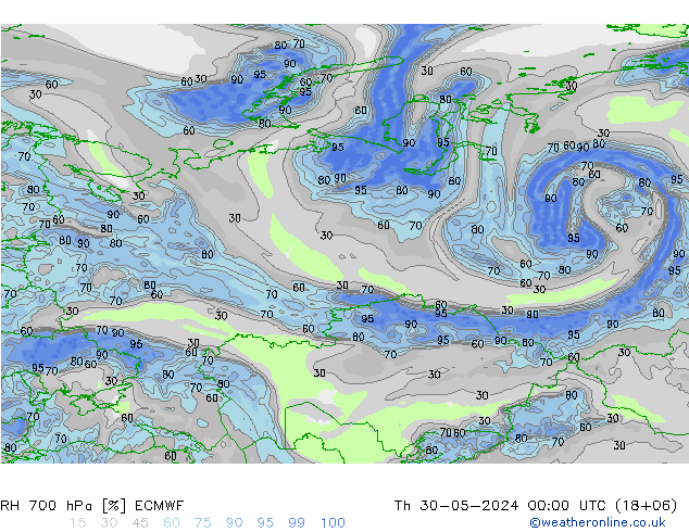 RH 700 hPa ECMWF Qui 30.05.2024 00 UTC