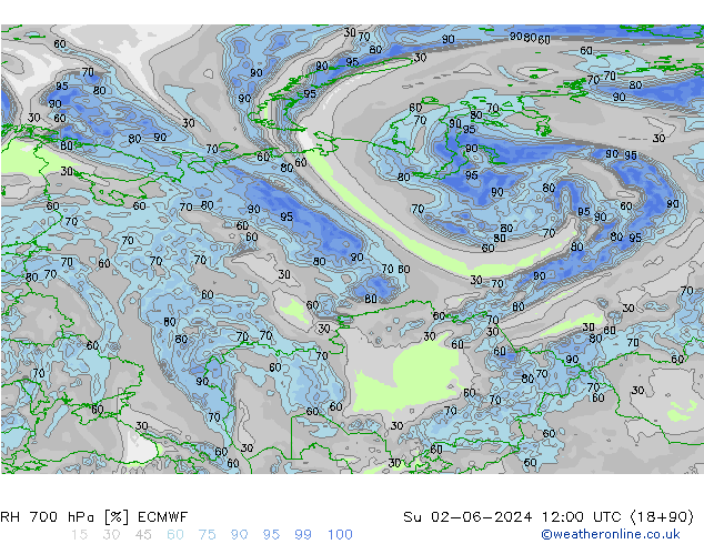 Humidité rel. 700 hPa ECMWF dim 02.06.2024 12 UTC