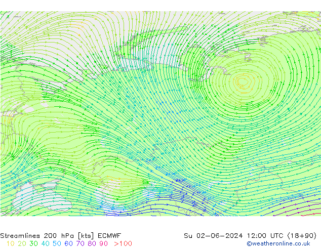 Rüzgar 200 hPa ECMWF Paz 02.06.2024 12 UTC