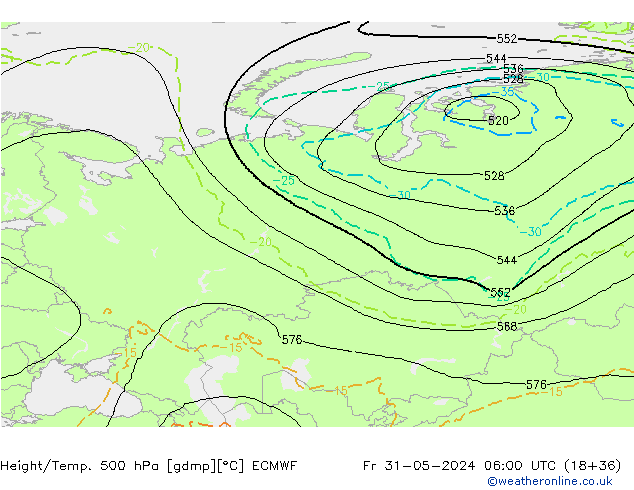 Z500/Rain (+SLP)/Z850 ECMWF Fr 31.05.2024 06 UTC