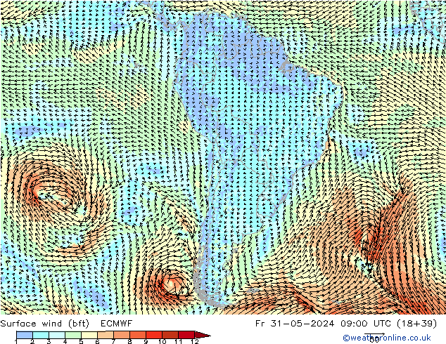 Wind 10 m (bft) ECMWF vr 31.05.2024 09 UTC