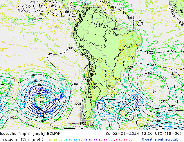 Isotachs (mph) ECMWF Ne 02.06.2024 12 UTC