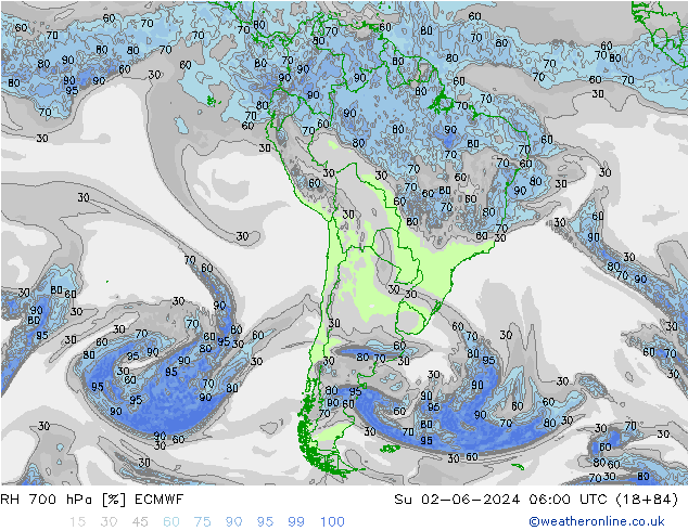 RH 700 hPa ECMWF Su 02.06.2024 06 UTC