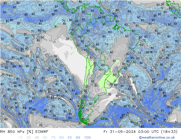 RH 850 hPa ECMWF Pá 31.05.2024 03 UTC