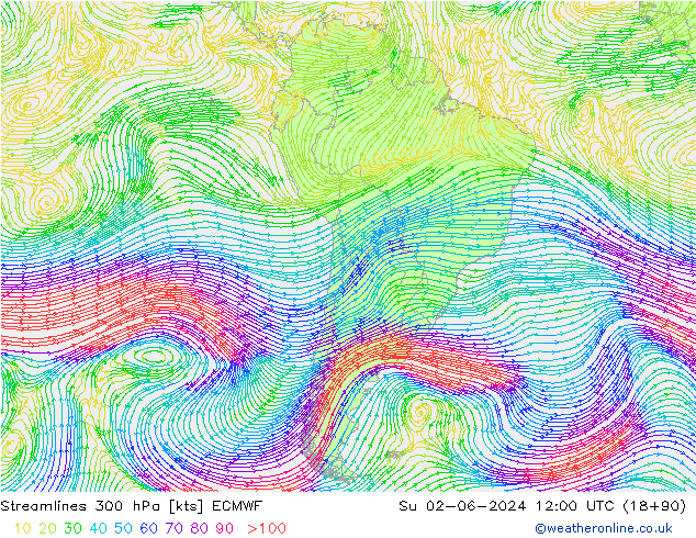 Stroomlijn 300 hPa ECMWF zo 02.06.2024 12 UTC